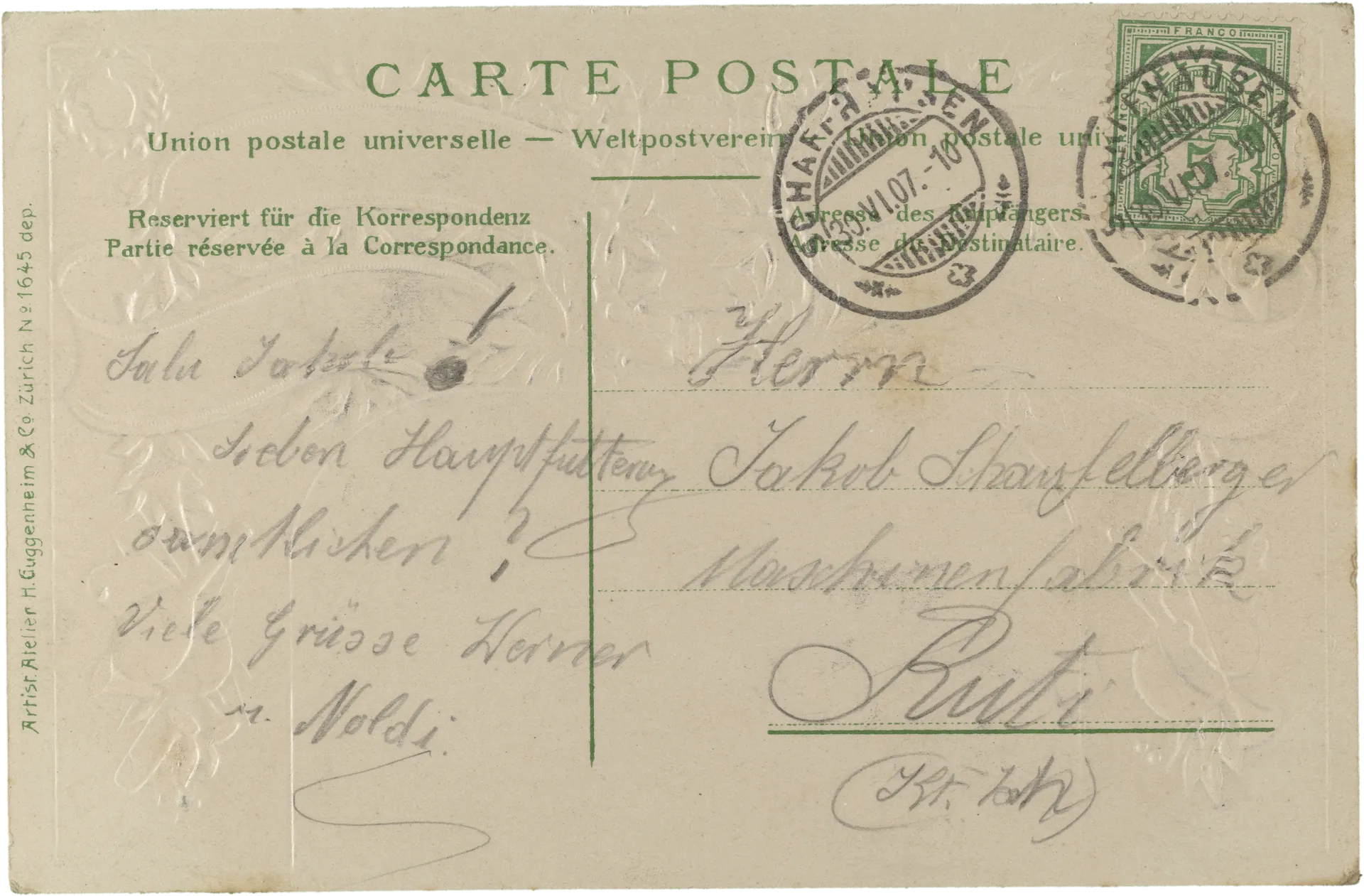 Kantonales Sängerfest Schaffhausen 30. Juni und 1. Juli 1907 – Rückseite