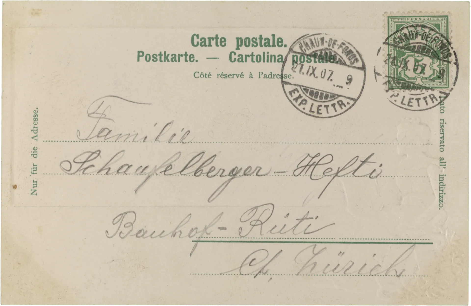 Souvenir de la Chaux-de-Fonds – Rückseite