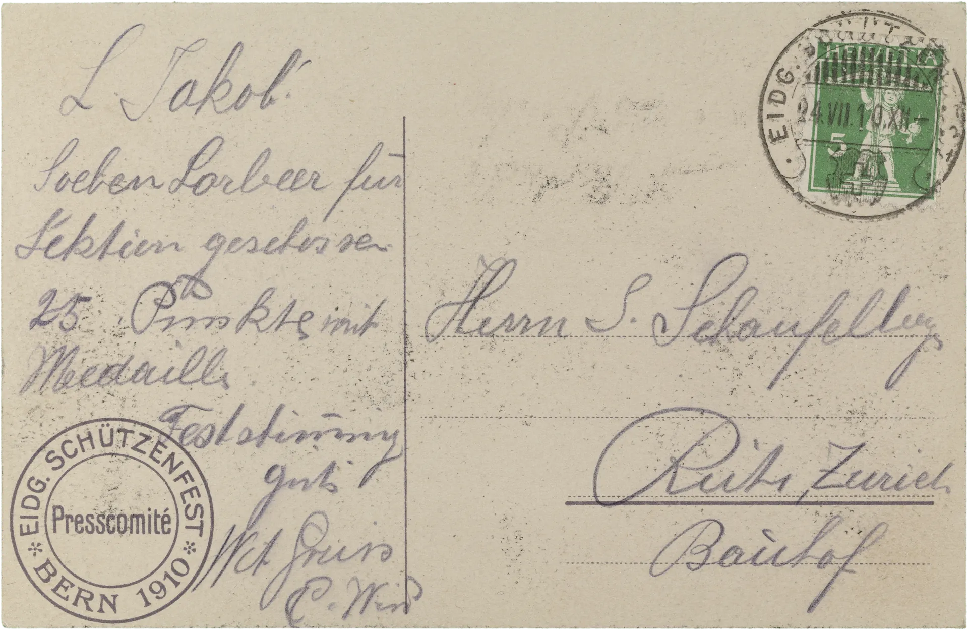Eidg. Schützenfest - Bern - 17.-31. Juli 1910 Offizielle Fest-Postkarte – Rückseite