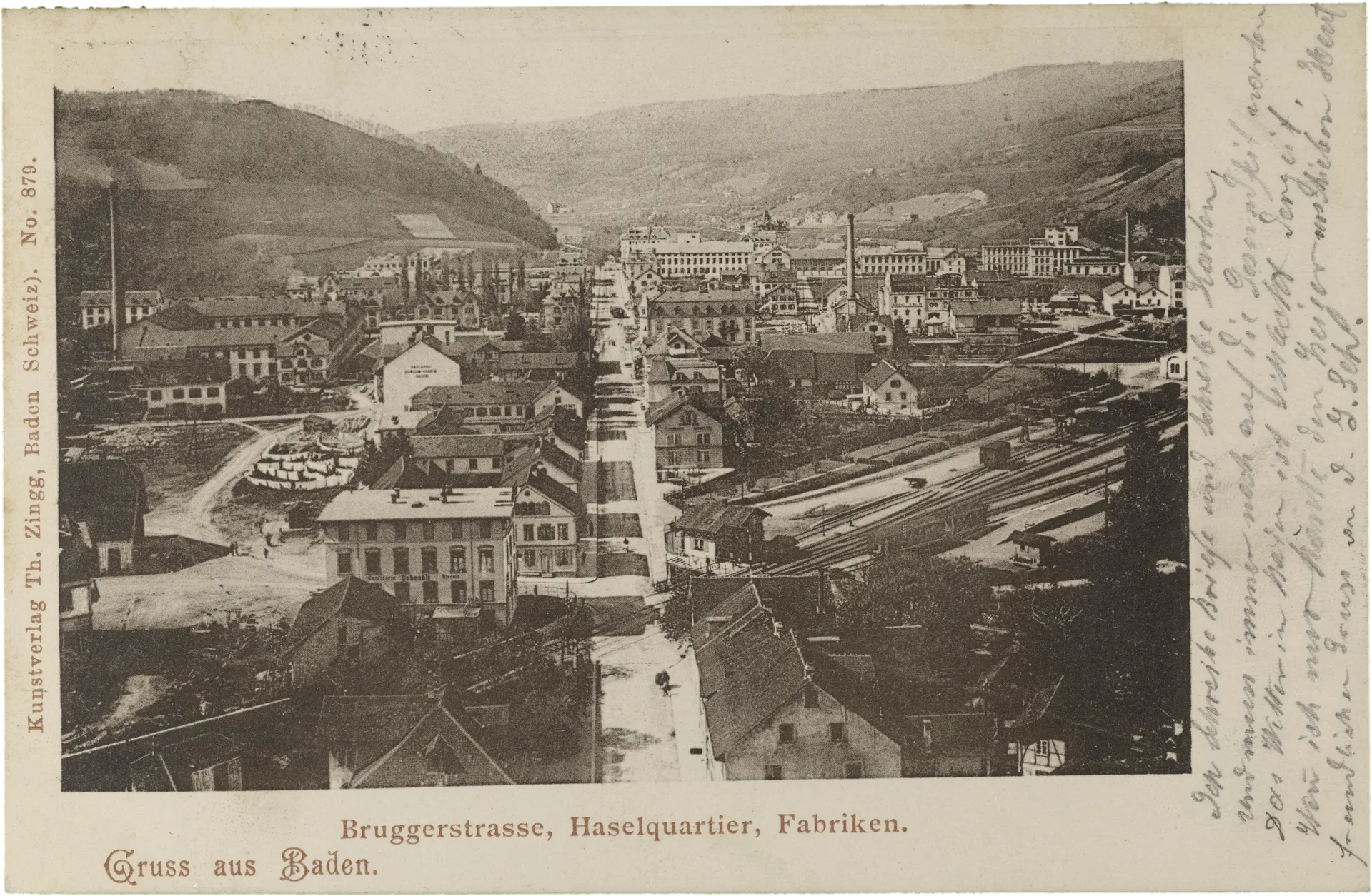 Gruss aus Baden. Bruggerstrasse, Haselquartier, Fabriken. – Vorderseite