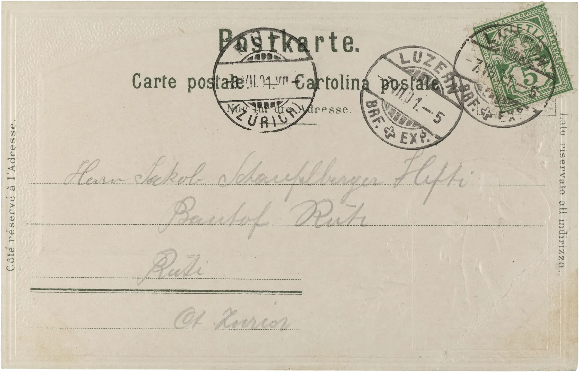 Luzern Festhütte & Bahnhof Eidgen. Schützenfest 1901 – Rückseite