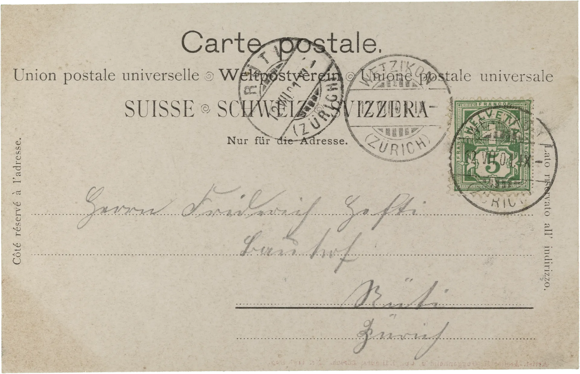 Gruss aus Wetzikon. Hauptplatz. – Rückseite