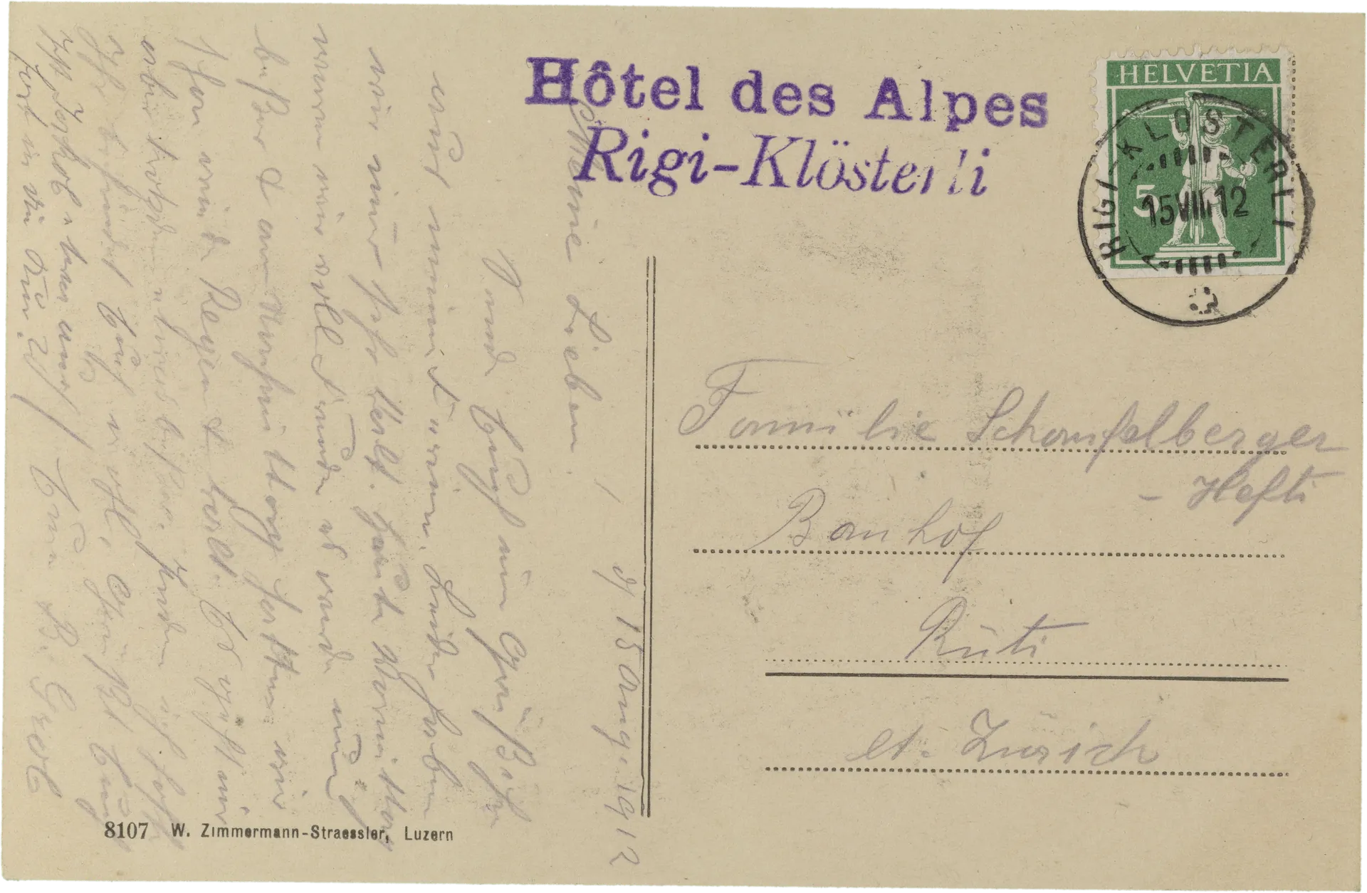Hôtel „des Alpes" Rigi-Klösterli, 1400 m ü. M. Bes. F. Eberhardt – Rückseite