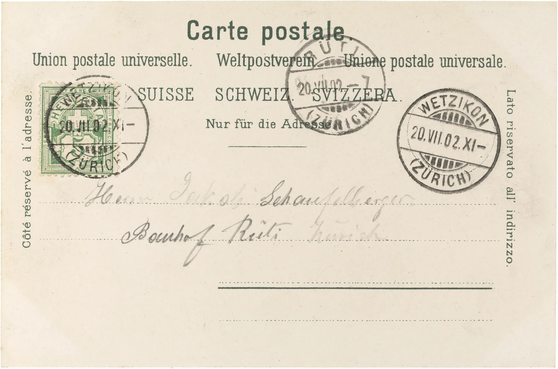 Zürcher Kantonal-Turnfest in Wetzikon 20. u. 21. Juli 1902 – Rückseite