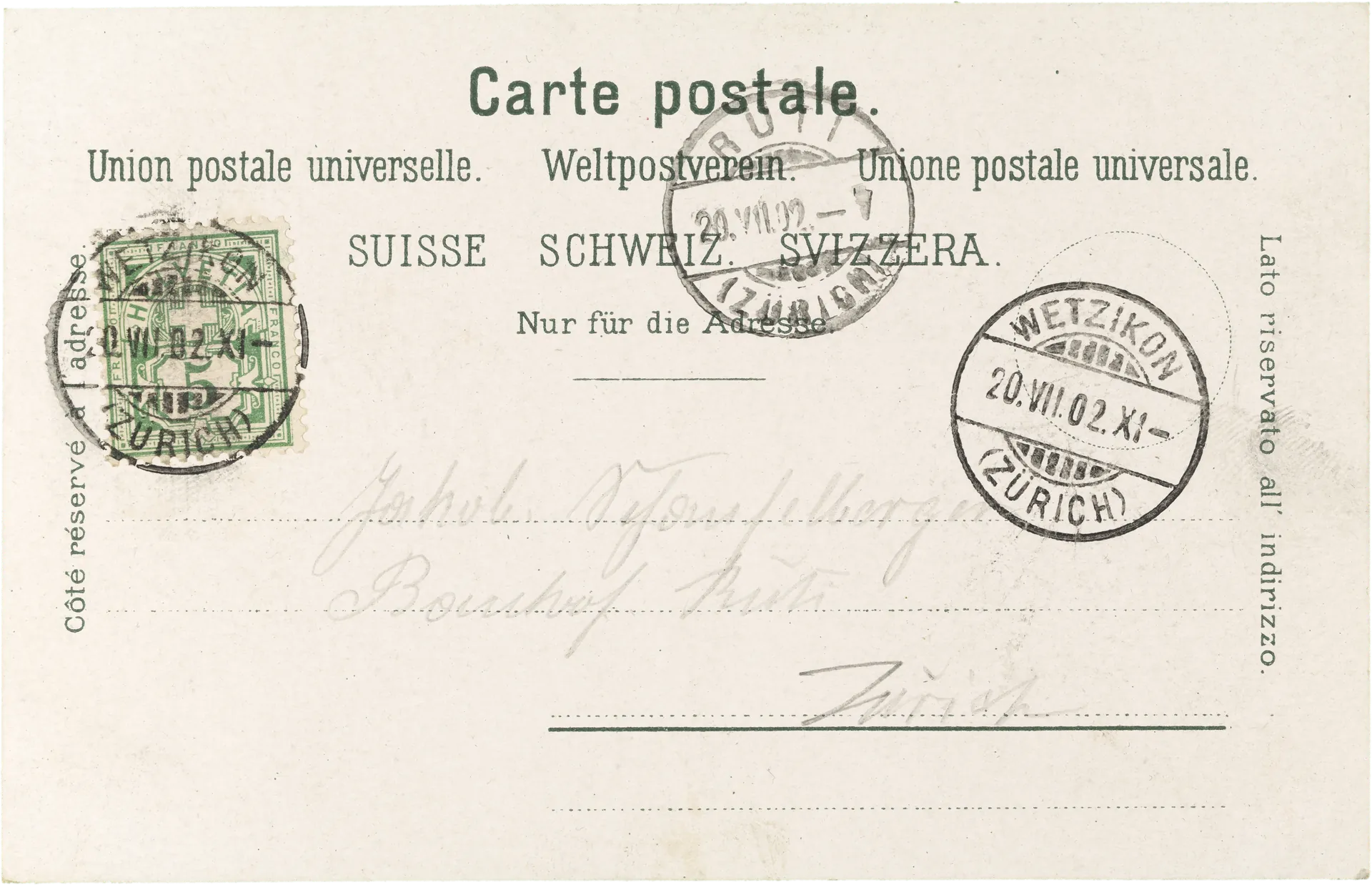 Zürcher Kantonal-Turnfest in Wetzikon 20. u. 21. Juli 1902. – Rückseite