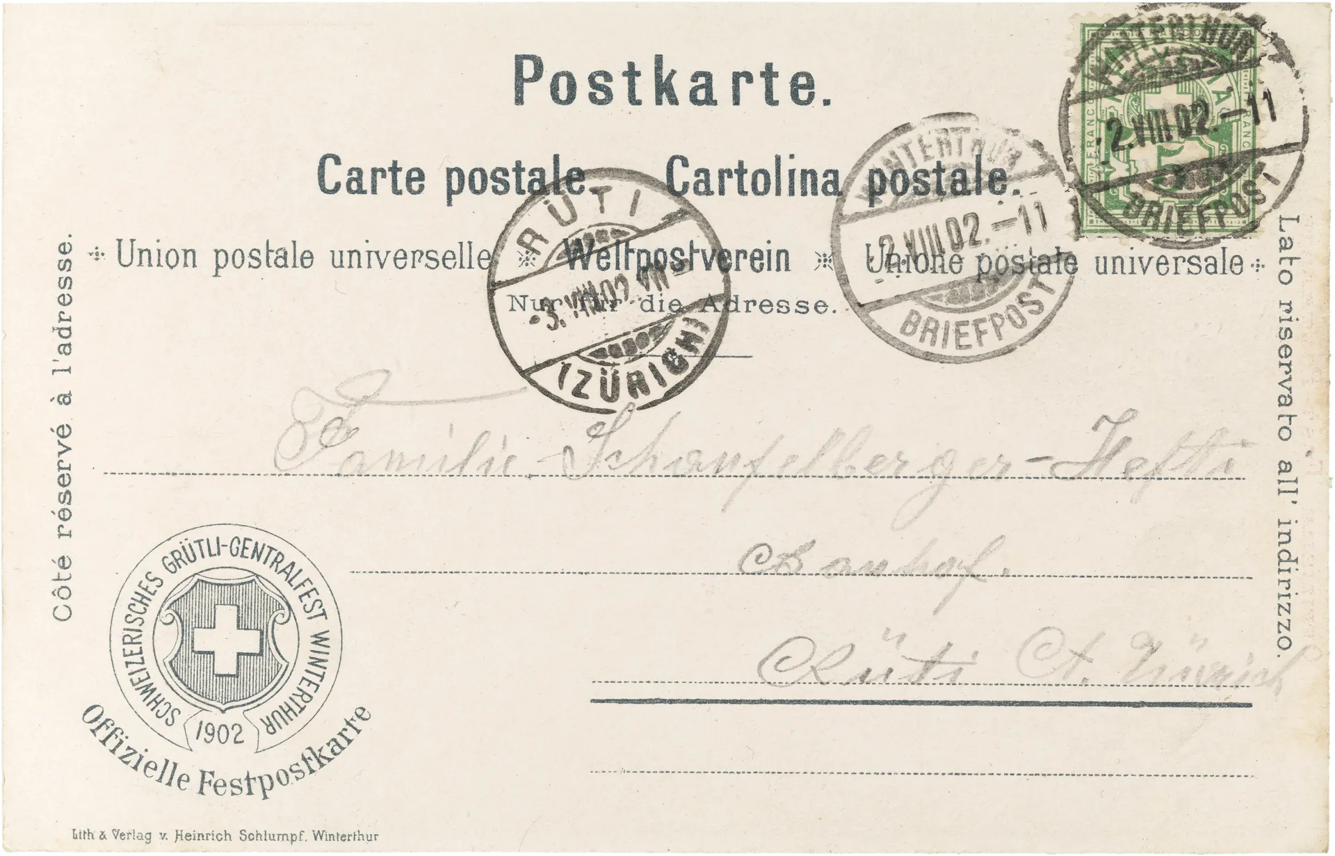 Schweiz. Grütli-Centralfest Winterthur 1.-4.August 1902 – Rückseite