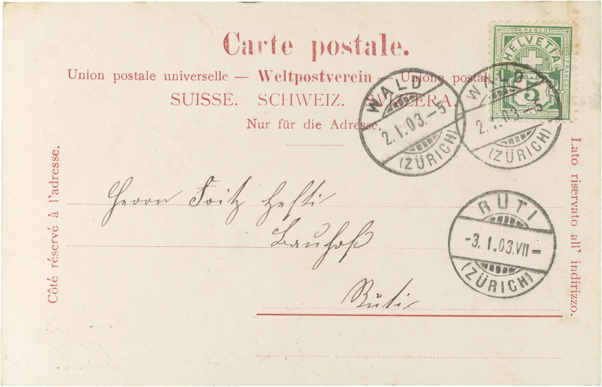 Gruss aus Wald (Canton Zürich) – Rückseite