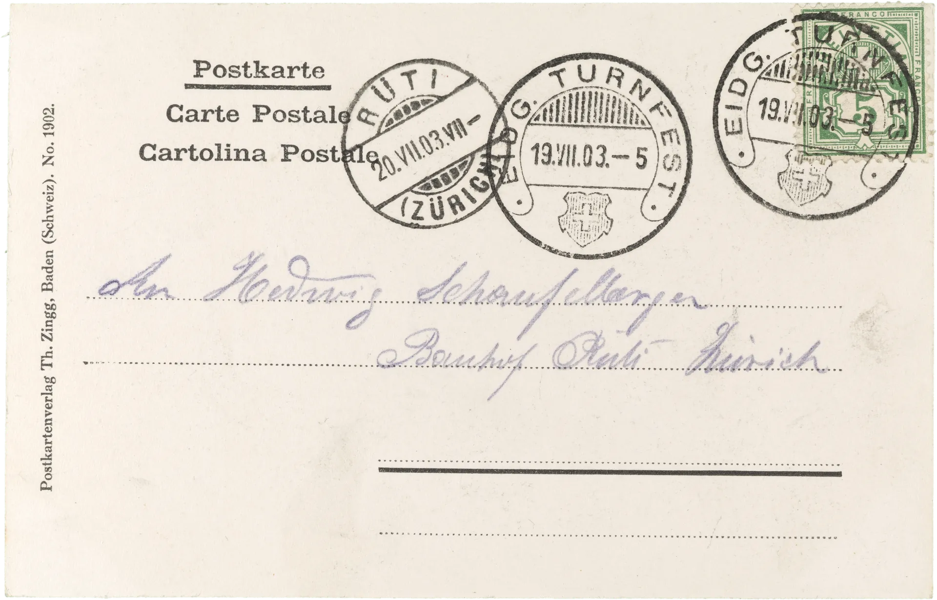 Eidg. Turnfest 1903 Zürich, Turnerserie I. – Rückseite