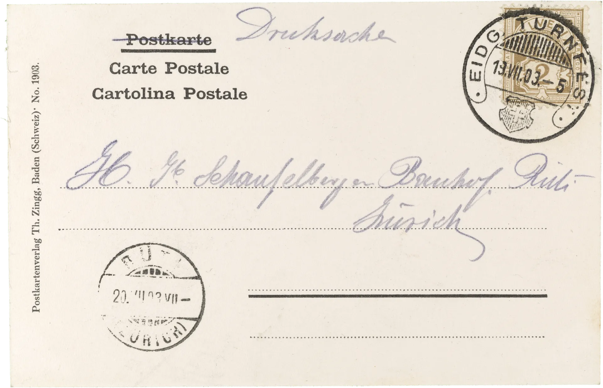 Eidg. Turnfest 1903 Zurich, Turnserie 1. – Rückseite