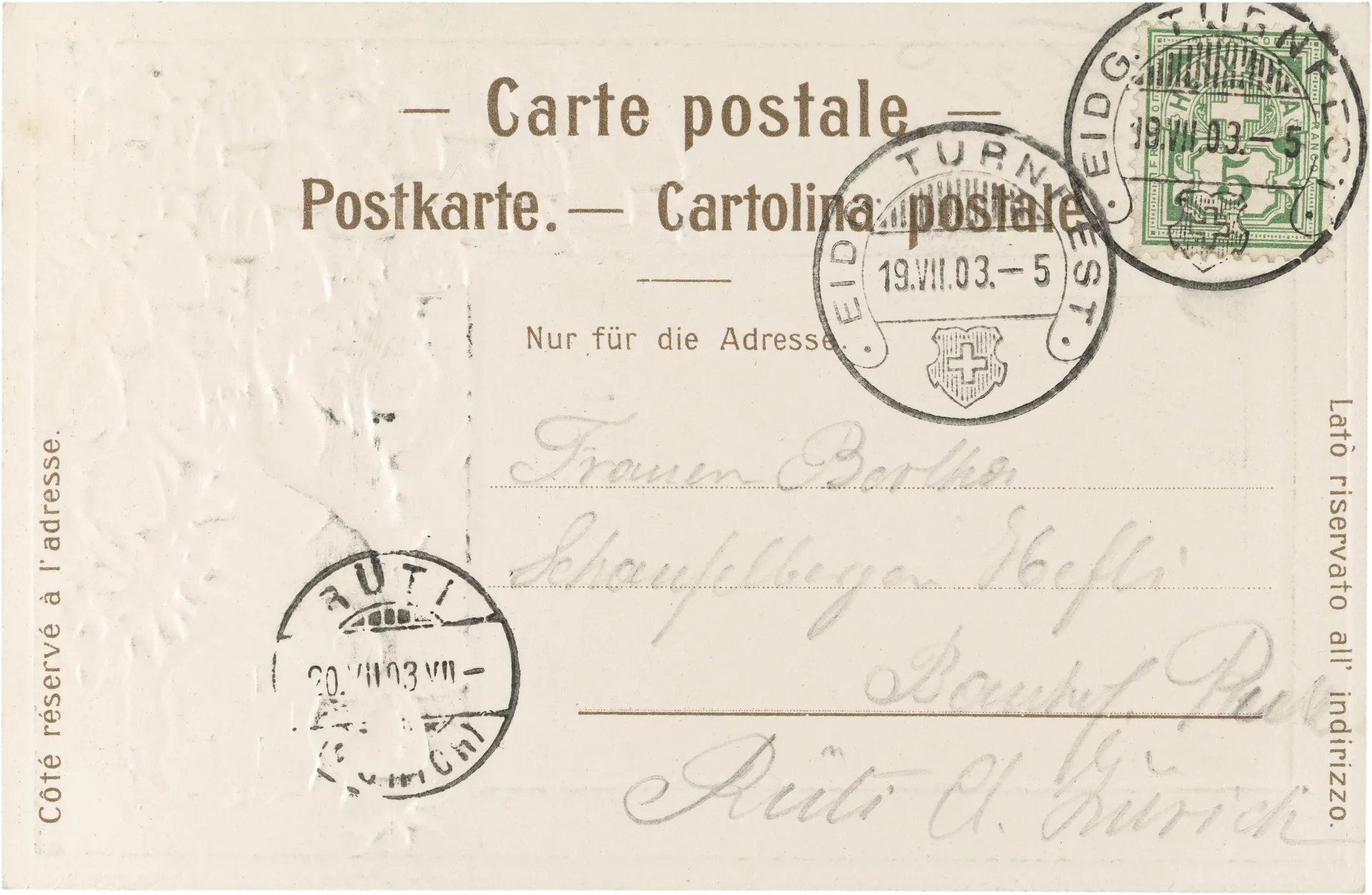 Eidg. Turnfest Zürich 1903 – Rückseite