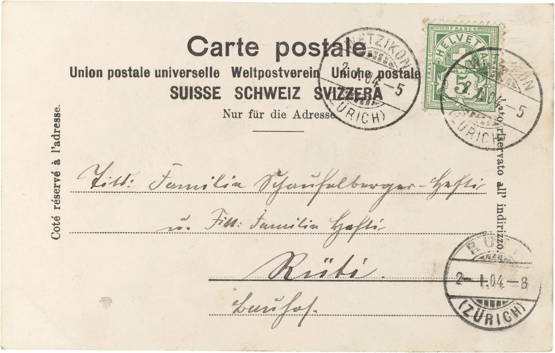 Gruss vom Guldisloo-Wetzikon. – Rückseite