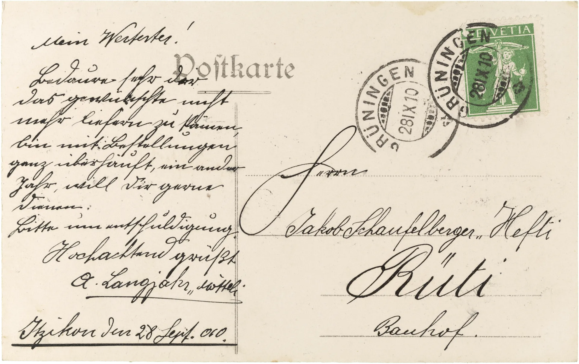 Gruß aus Itzikon b. Grüningen – Rückseite