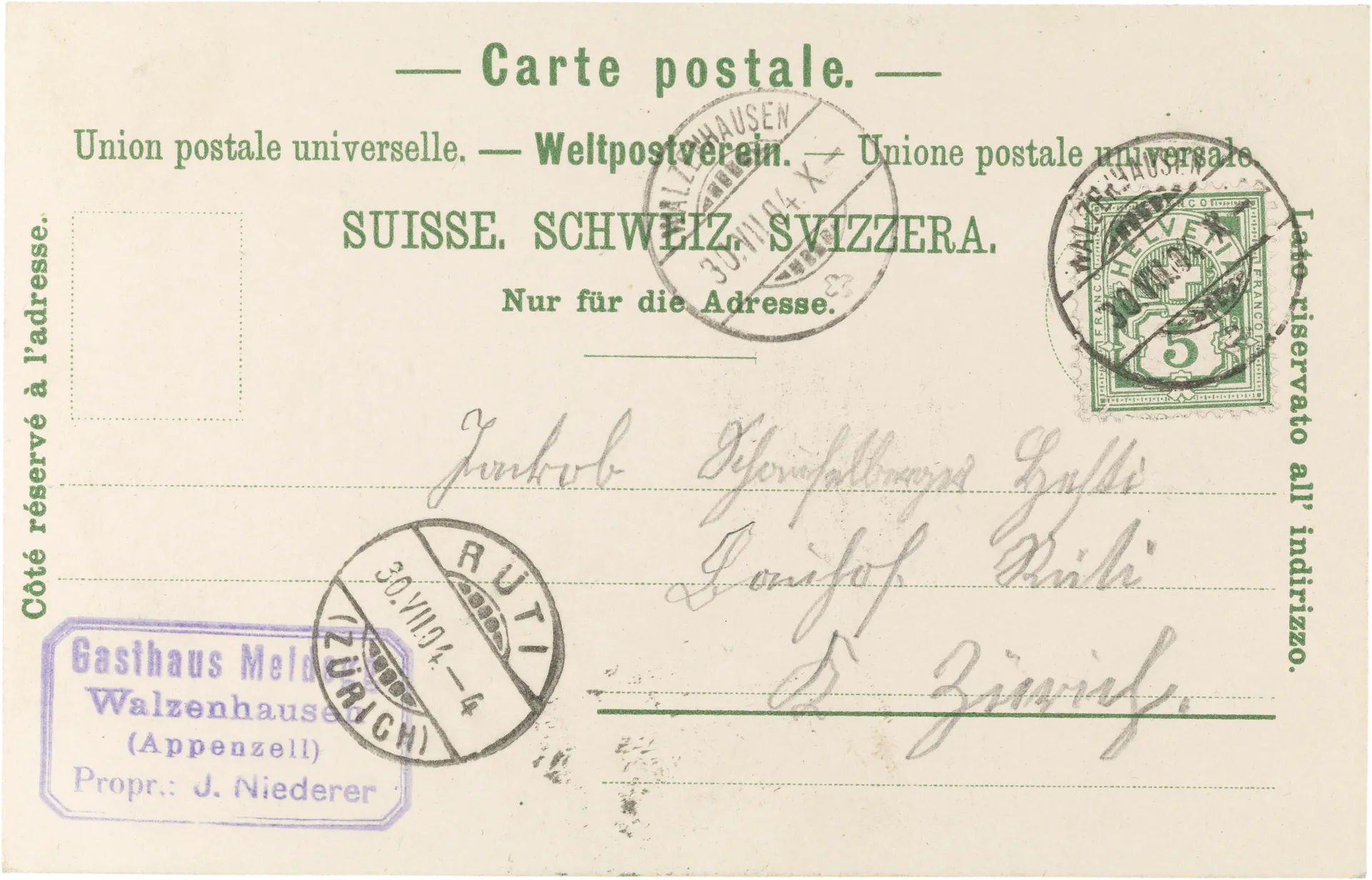 Gruss von der Meldegg, Schweiz – Rückseite