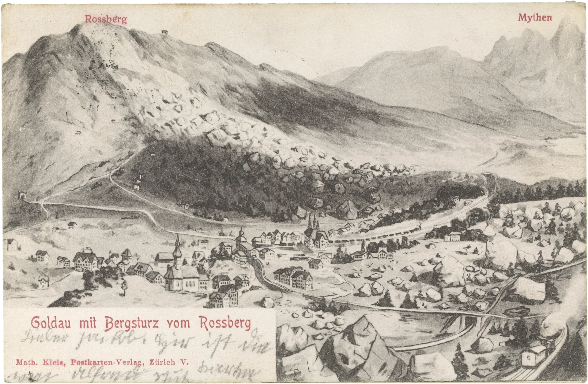 Goldau mit Bergsturz vom Rossberg – Vorderseite