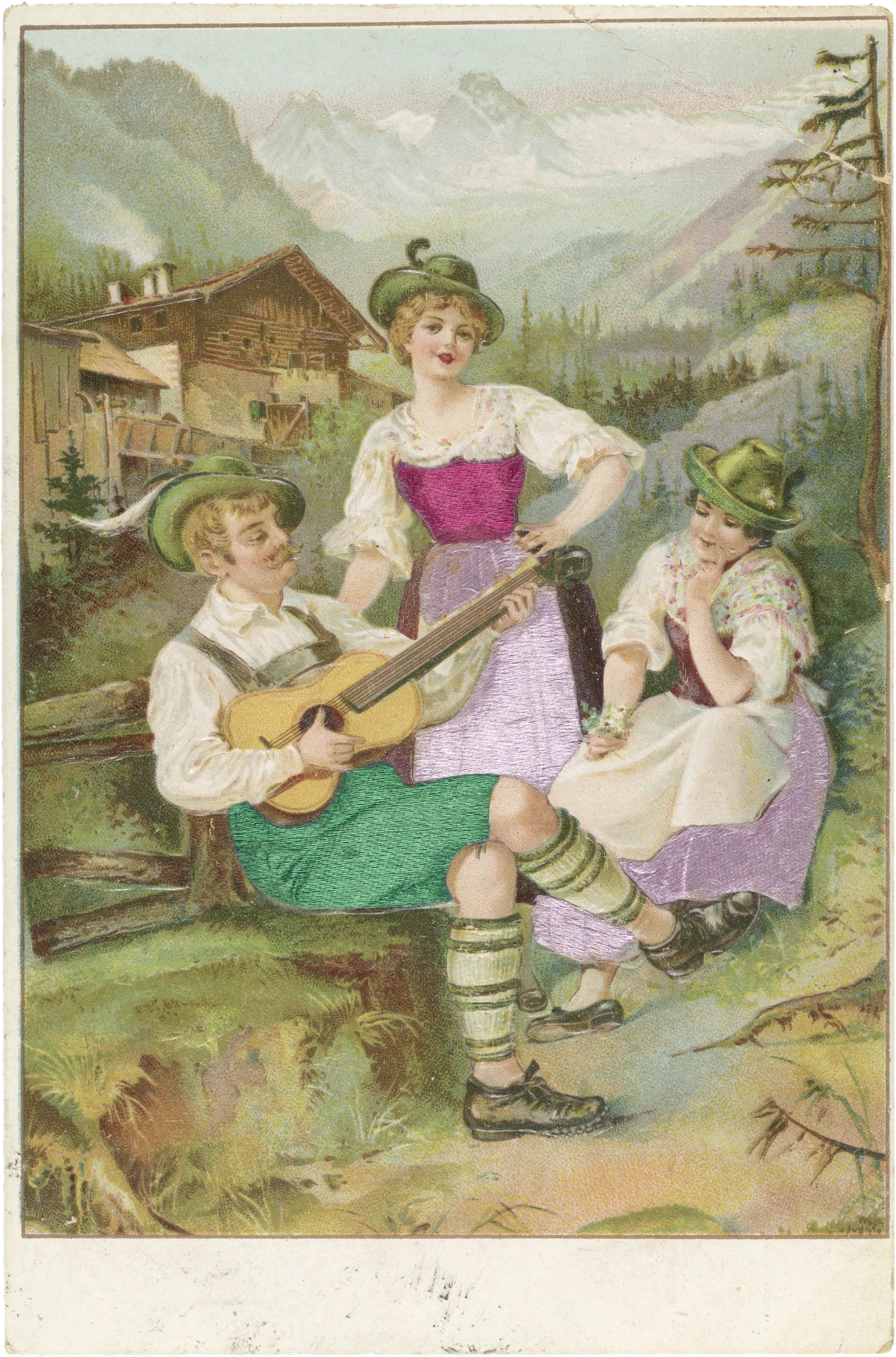 Musiker mit Gitarre und zwei Damen – Vorderseite
