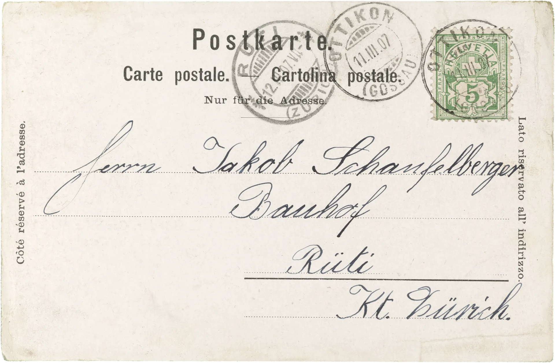 E. Grieder, Gasthof z. Rössli Ottikon b. Wetzikon – Rückseite