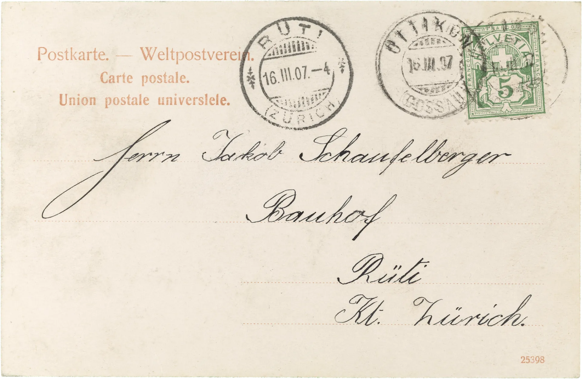 Gruss aus Ottikon b. Wetzikon – Rückseite
