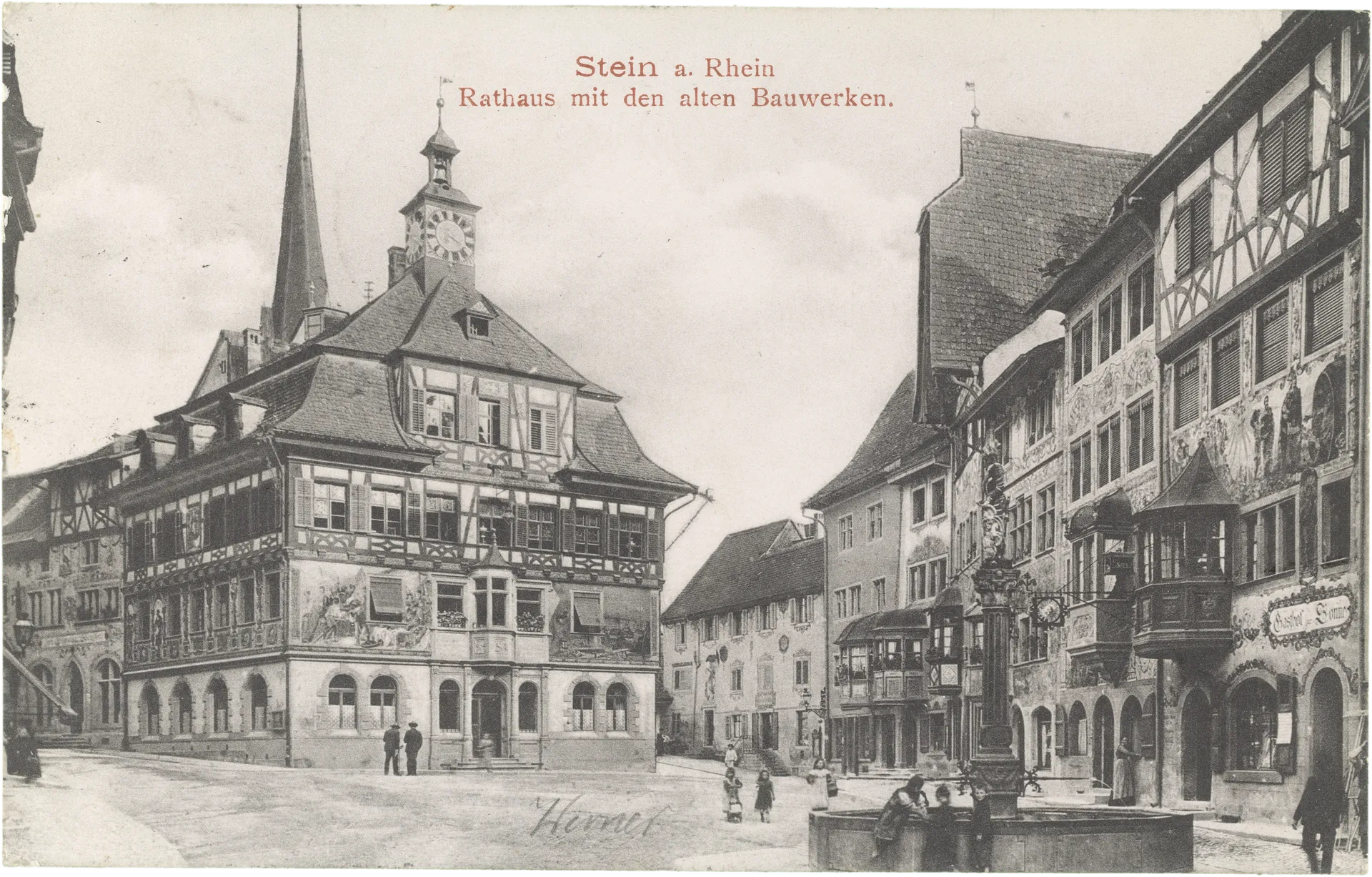 Stein a. Rhein. Rathaus mit den alten Bauwerken. – Vorderseite