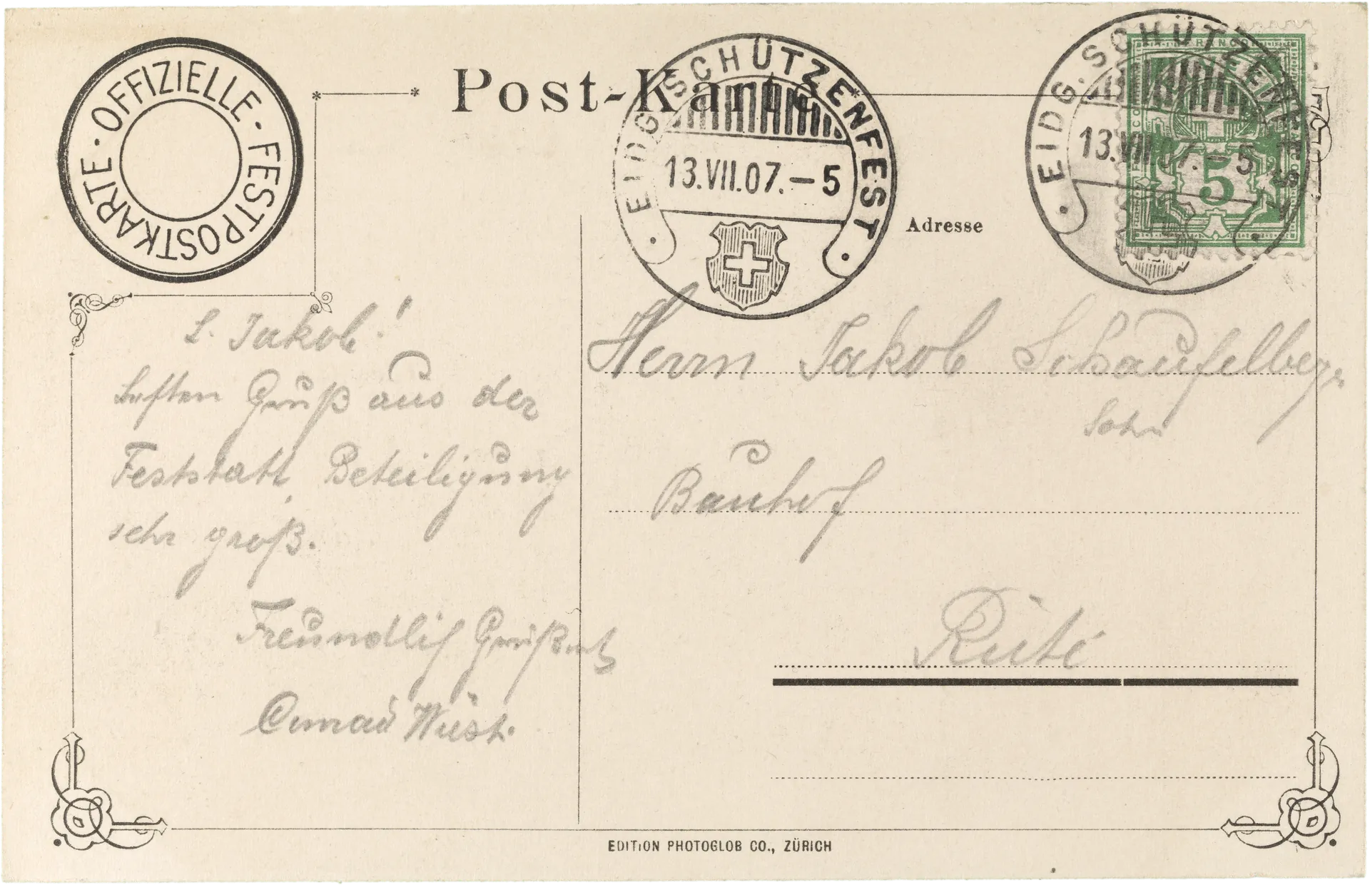 Eidg. Schützenfest Zürich, 7 – 18 Juli 1907. – Rückseite