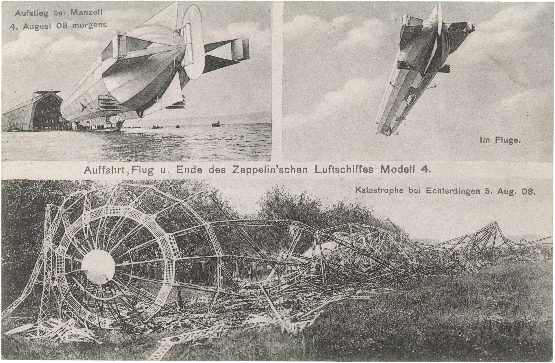 Auffahrt, Flug u. Ende des Zeppelin'schen Luftschiffes Modell 4. – Vorderseite