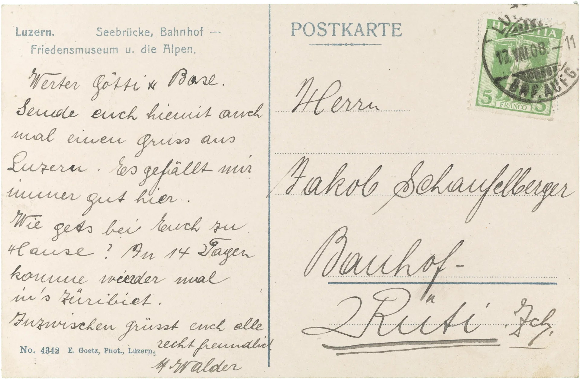 Luzern. Seebrücke, Bahnhof – Friedensmuseum u. die Alpen – Rückseite