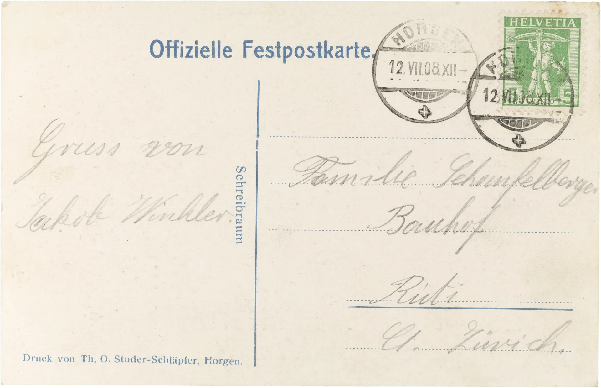 Zürcher Kantonal-Turnfest in Horgen, 12. u 13. Juli 1908 – Rückseite