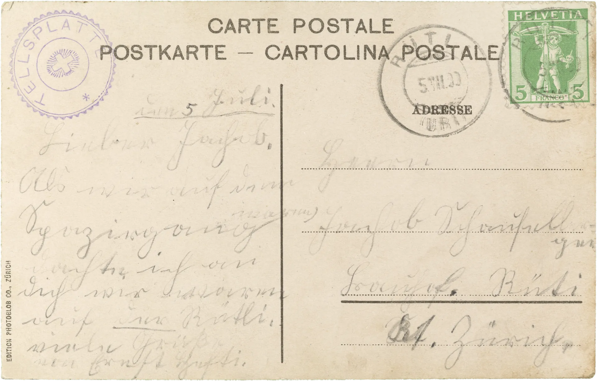 Tell's Sprung. Nach dme Wandgemälde von Dr. Stückelberg in Tellskapelle am Vierwaldstättersee – Rückseite