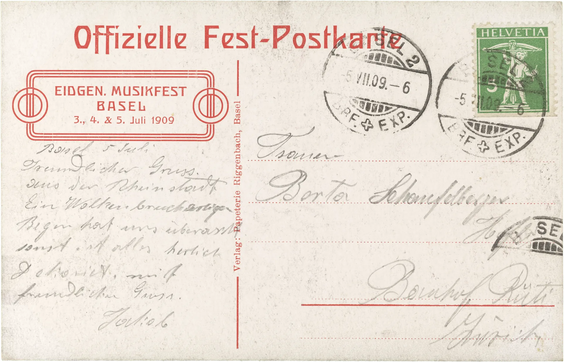 Vaterland. Eidgen. Musikfest Basel 3., 4. & 5 Juli 1909 – Rückseite